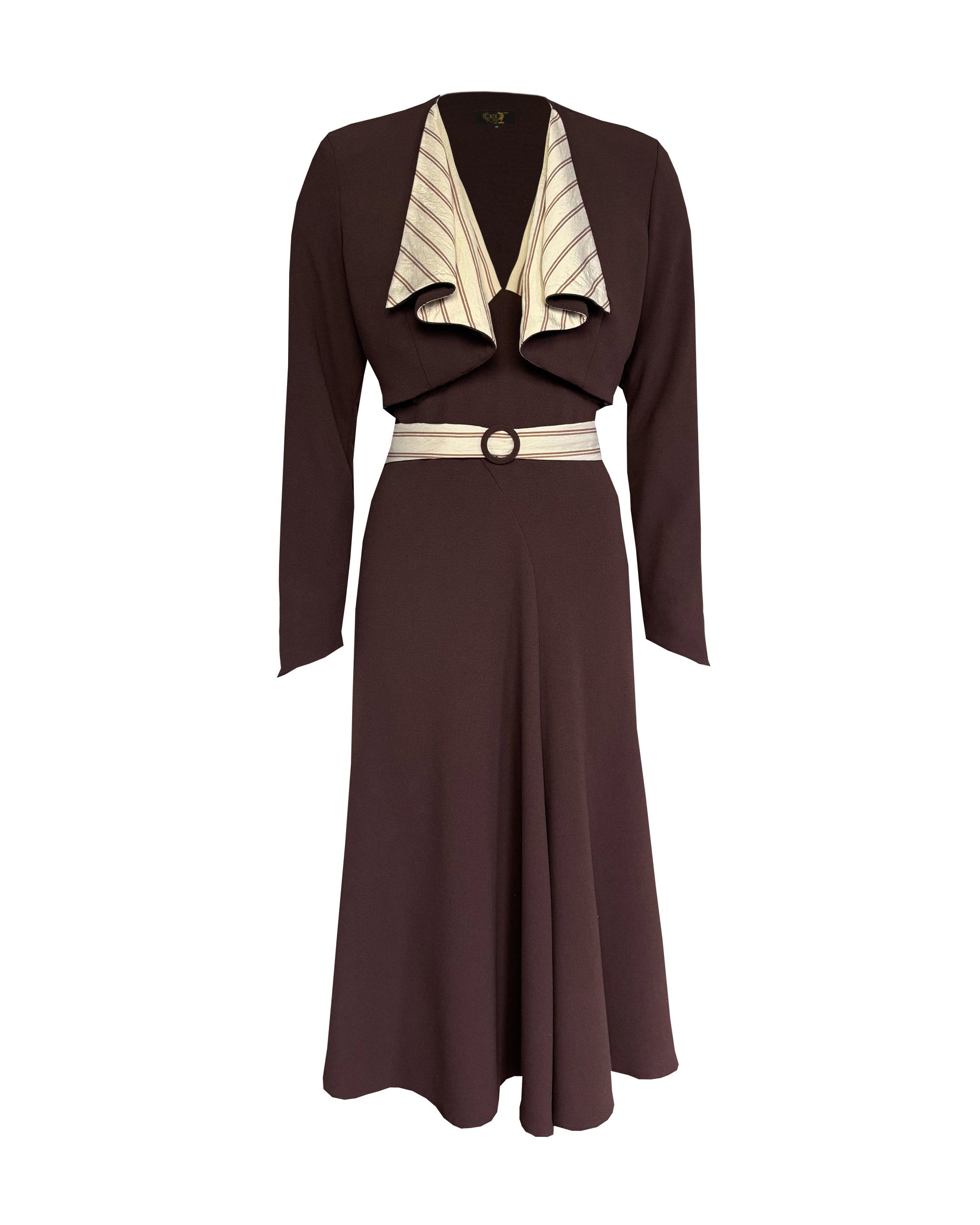 1930s Connie Dress and Crop Jacket - Brown and Oakline Stripe - product shot