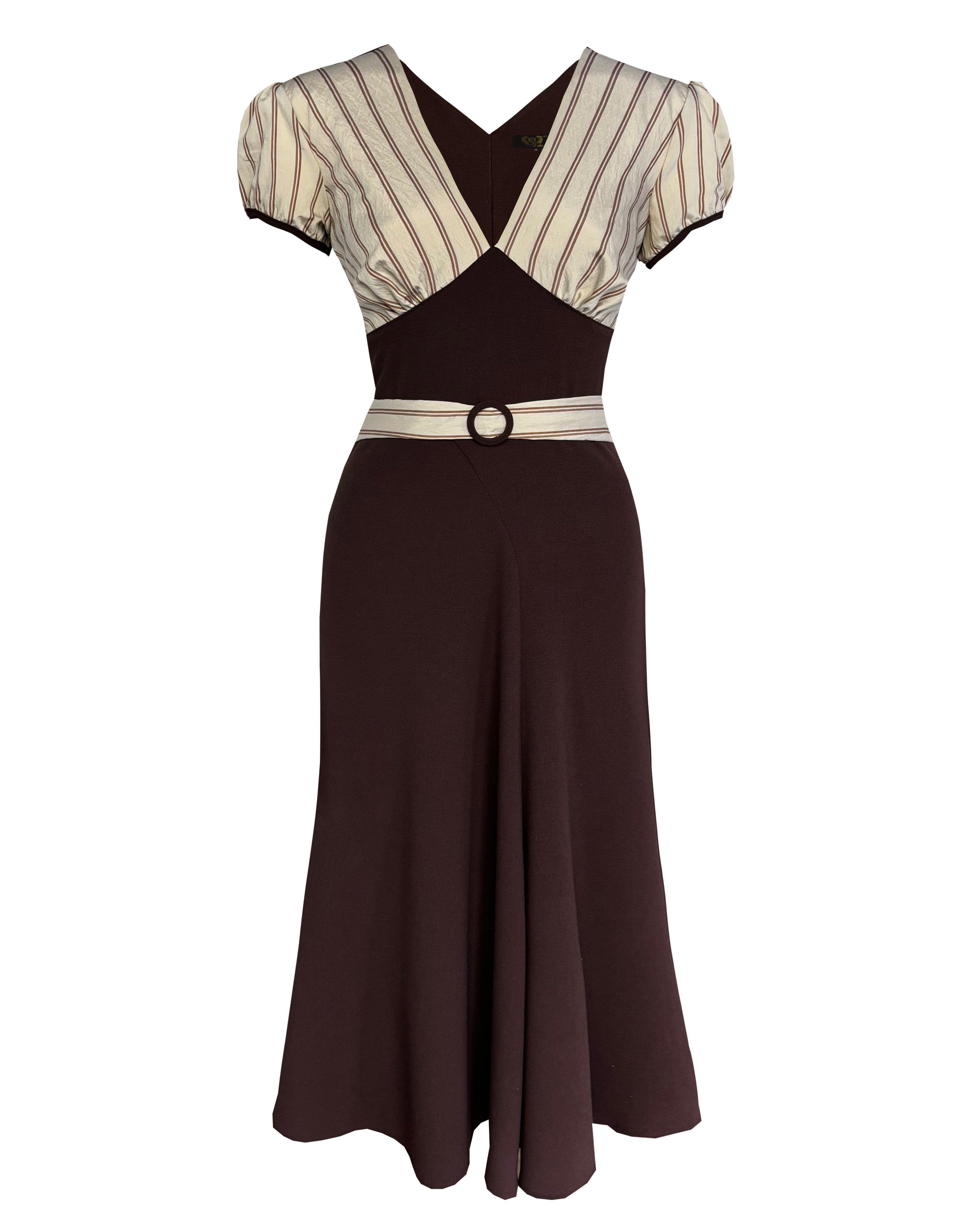 1930s Connie Dress and Crop Jacket in Brown and Oakline Stripe
