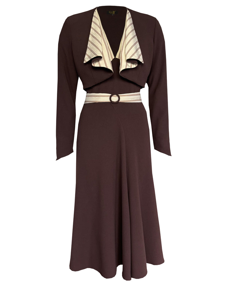 1930s Connie Dress and Crop Jacket in Brown and Oakline Stripe