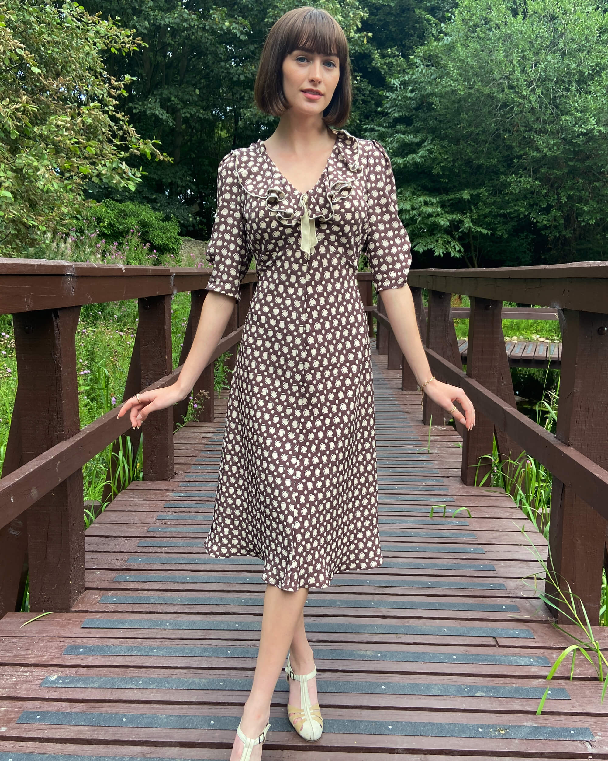 30s Cora Bias Cut Dress - Brown Deco Dot