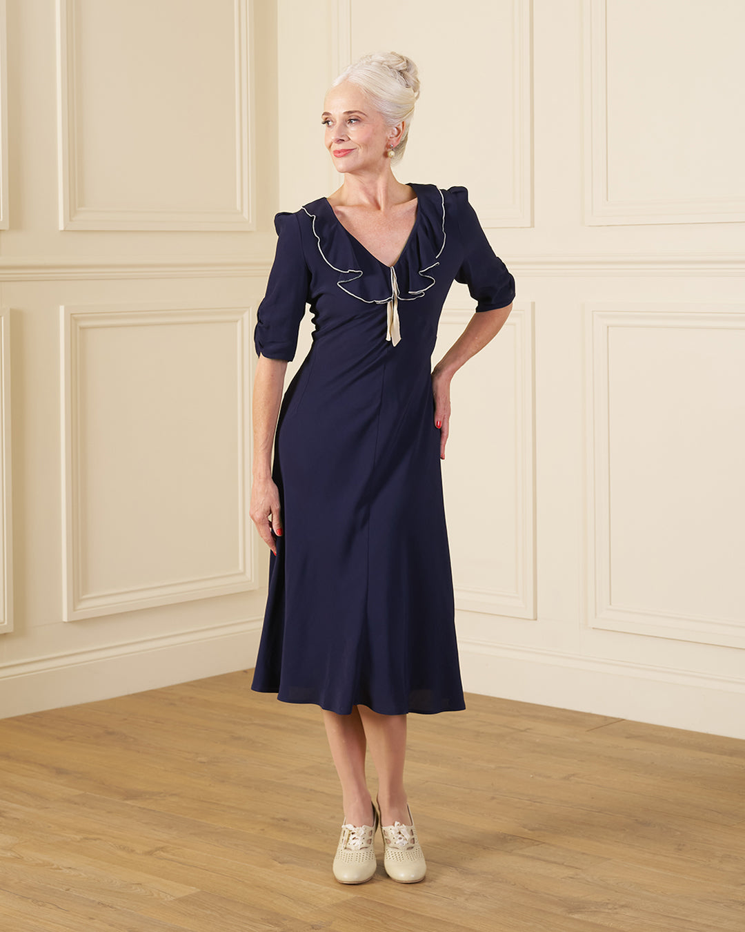 1930s Cora Bias Cut Dress - Navy