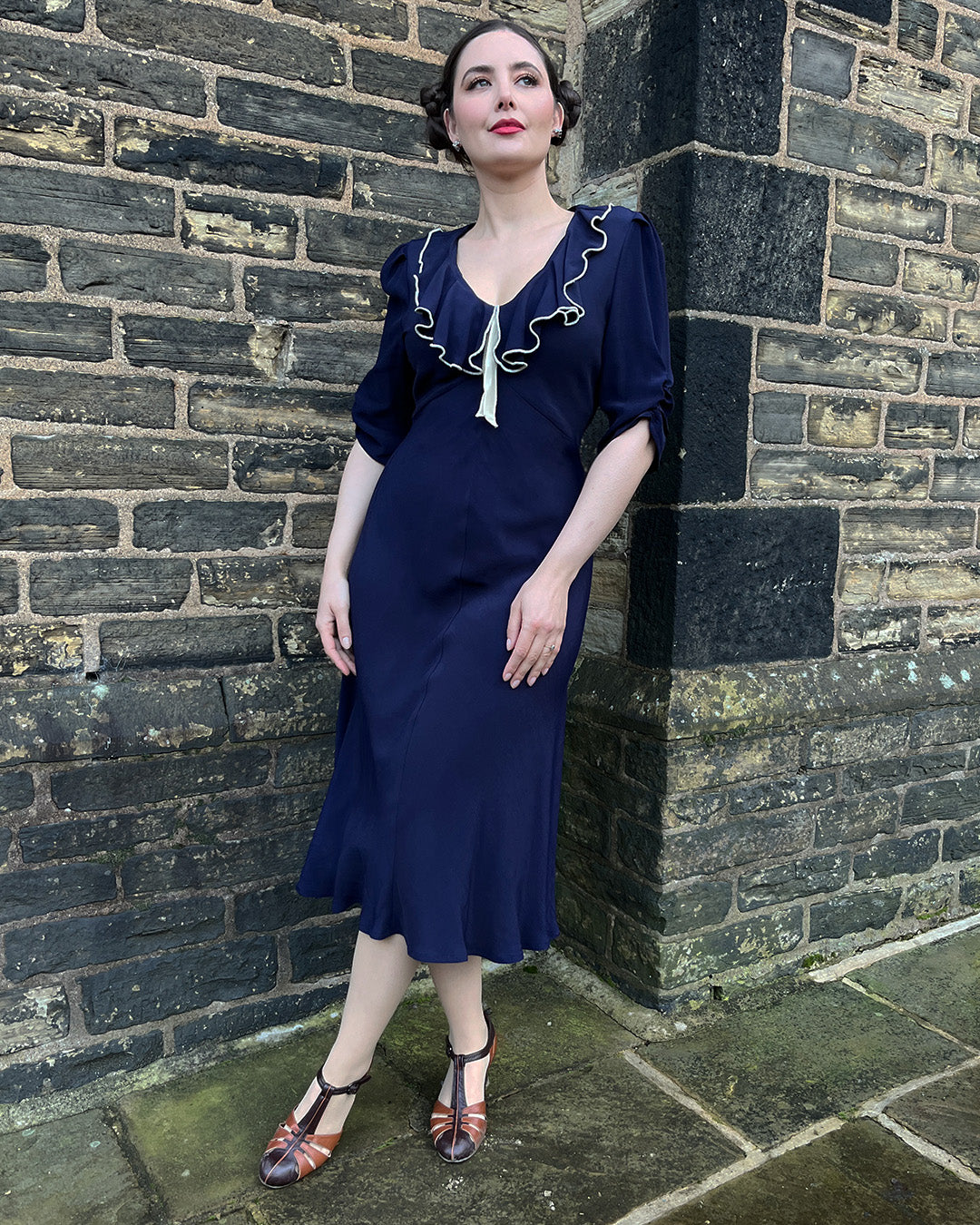 1930s Cora Bias Cut Dress Navy – House of Foxy - Main Image