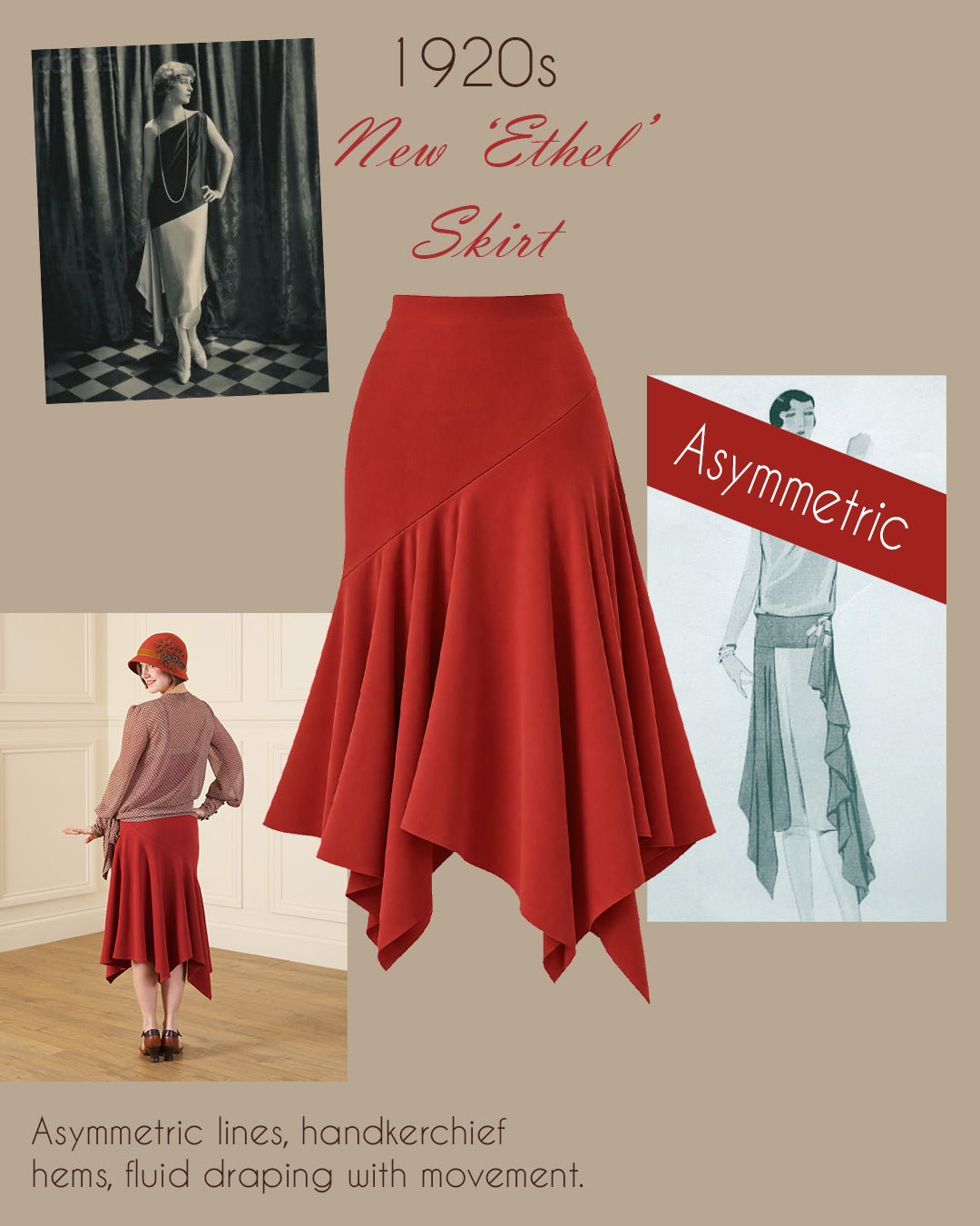 1920s Asymmetric Ethel Skirt - Rust