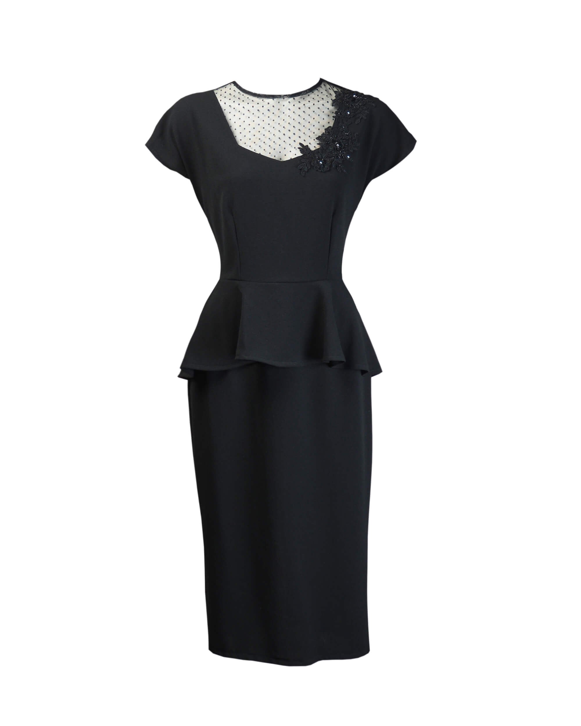 40s Film Noir Illusion Neckline Dress - Black