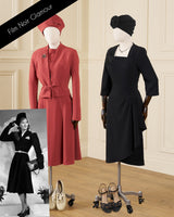 Two mannequins display vintage-inspired evening wear: a coral-red tailored jacket and skirt set with matching hat on the left, and a black dress with a black hat on the right. A small inset photo shows a woman modeling a black outfit.