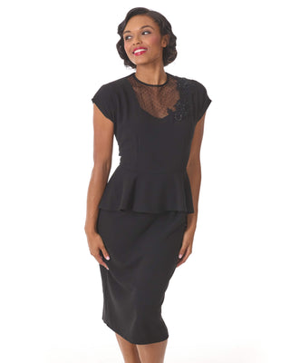 40s Film Noir Illusion Neckline Dress - Black