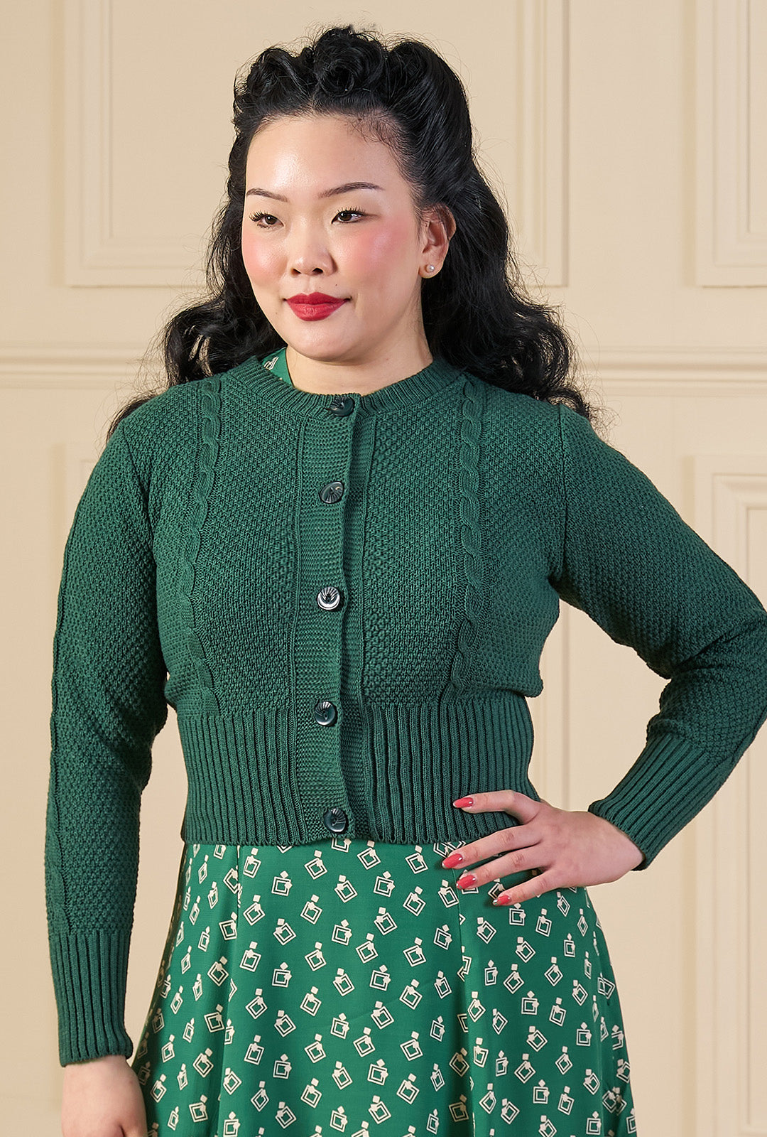Vintage Cable Crop Cardigan - Forest