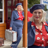 A woman modeling a matching travel-inspired outfit consisting of a navy blue beret, blazer, and trousers over a red floral button-up blouse, shown in a split full-body and close-up view.