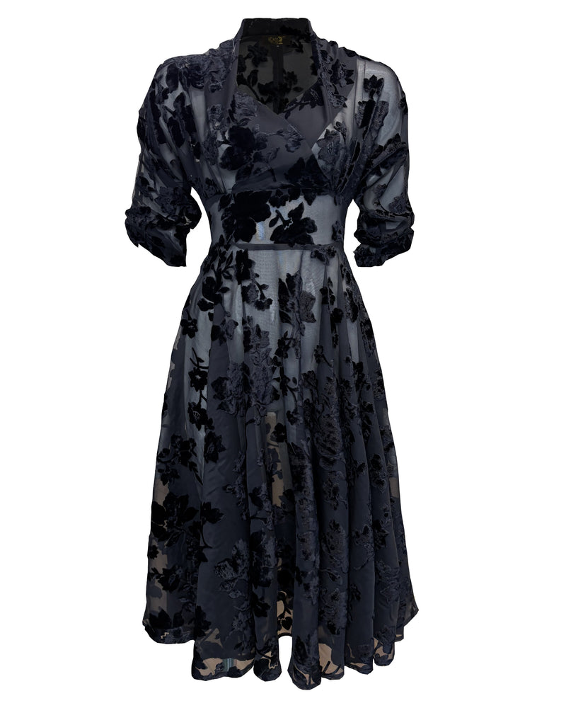 1950s Grace Dress in Black Rose Devore