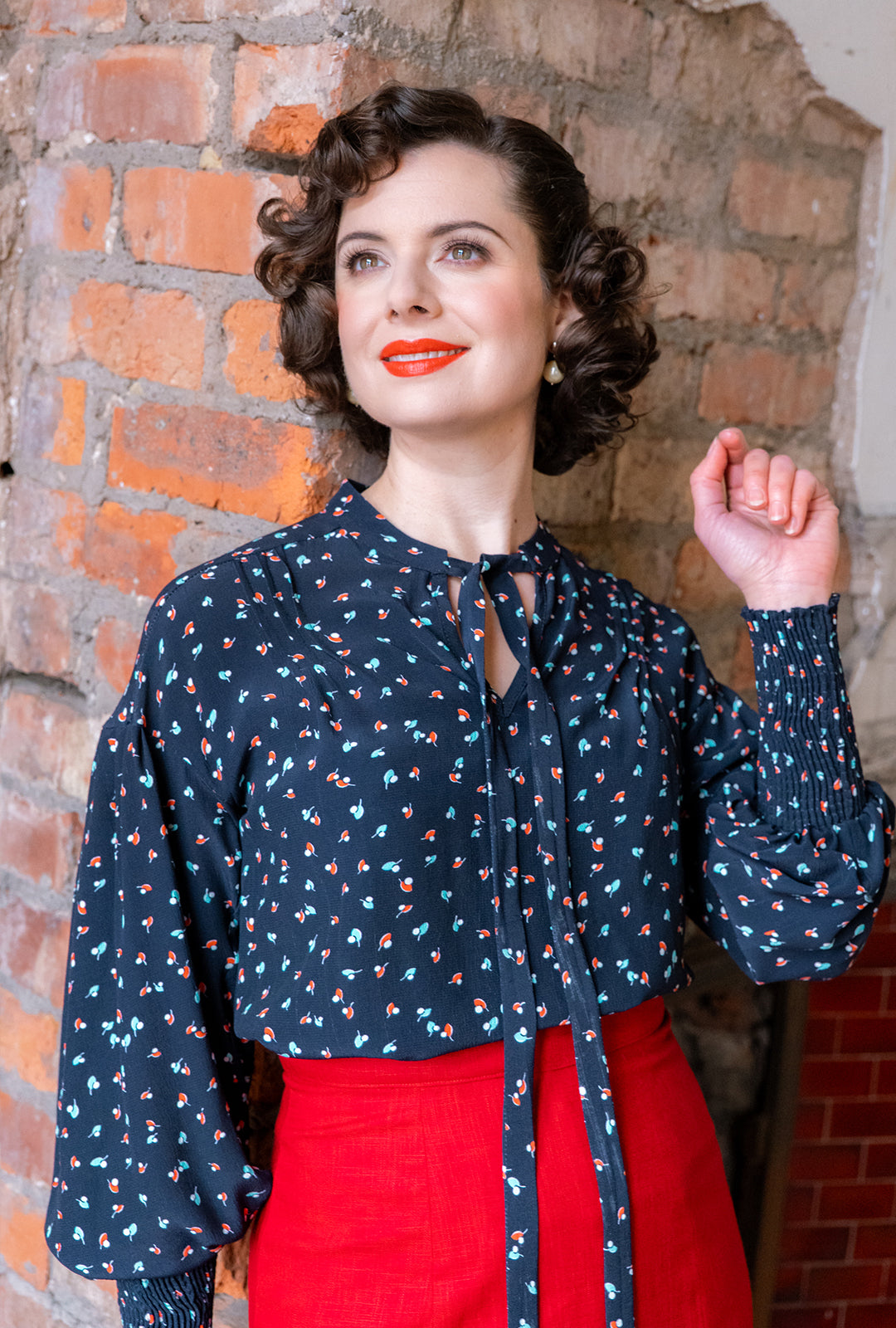 1930s Poet Blouse - Ocean Pearl - model shot