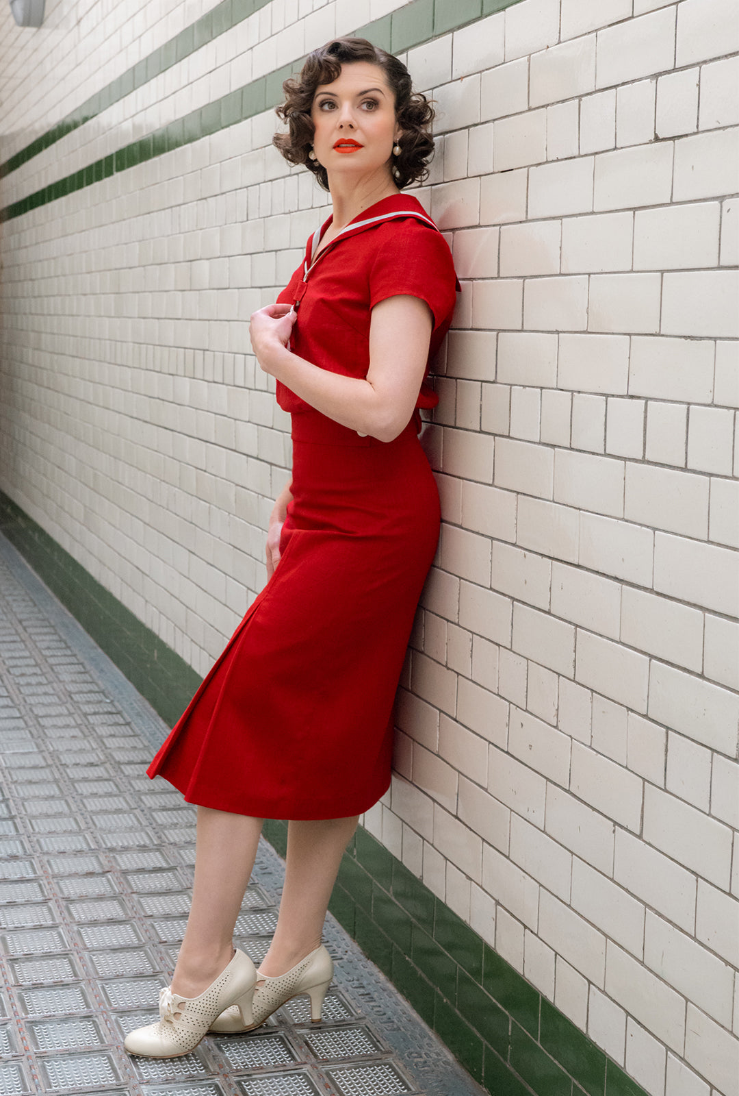 1940s Prim Pleated Skirt - Red Natural Fibre