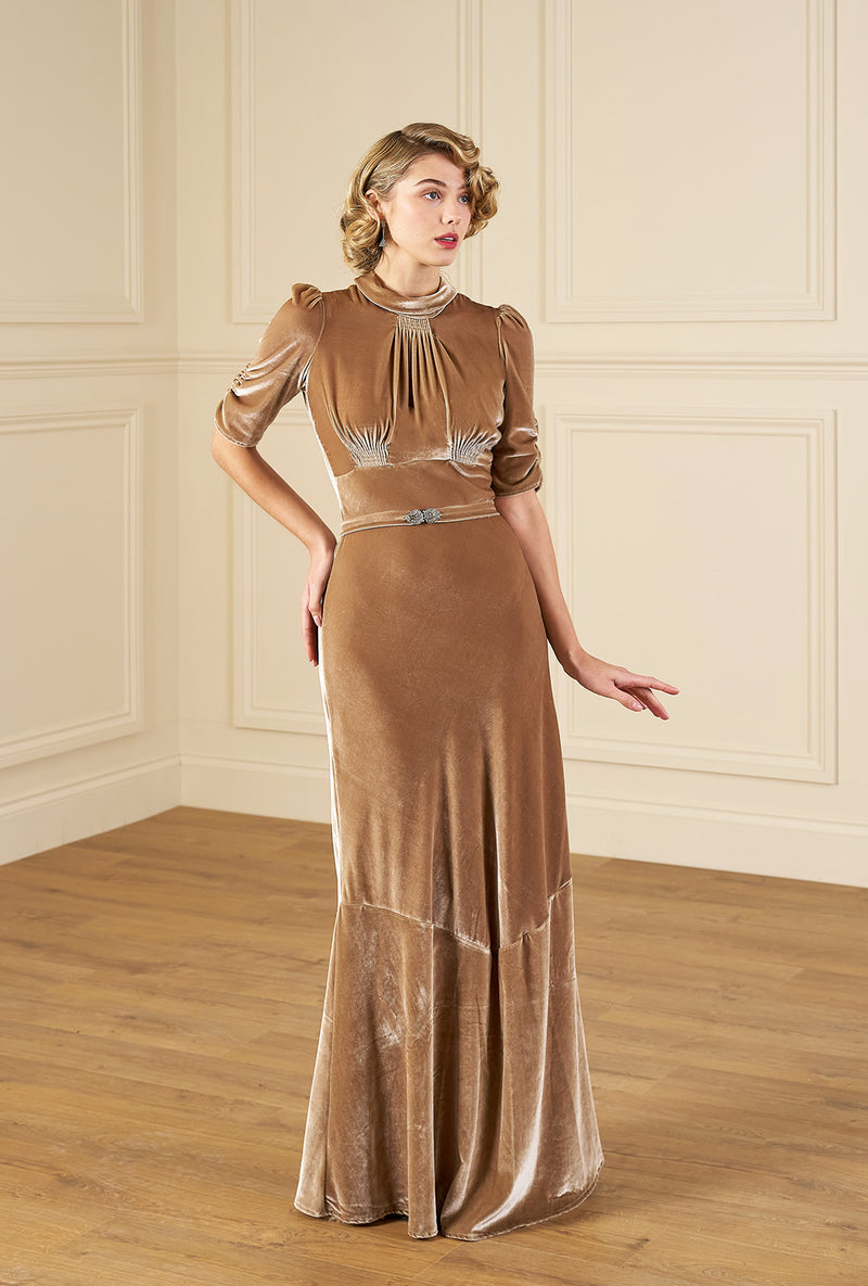 1930s Loretta Bias Gown in Champagne Silk Blend Velvet