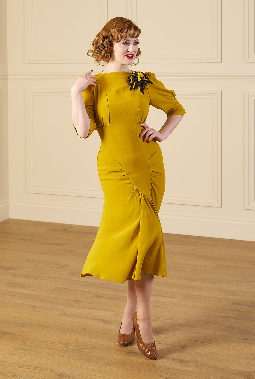 1940s Madison Tea Dress - Chartreuse - model shot
