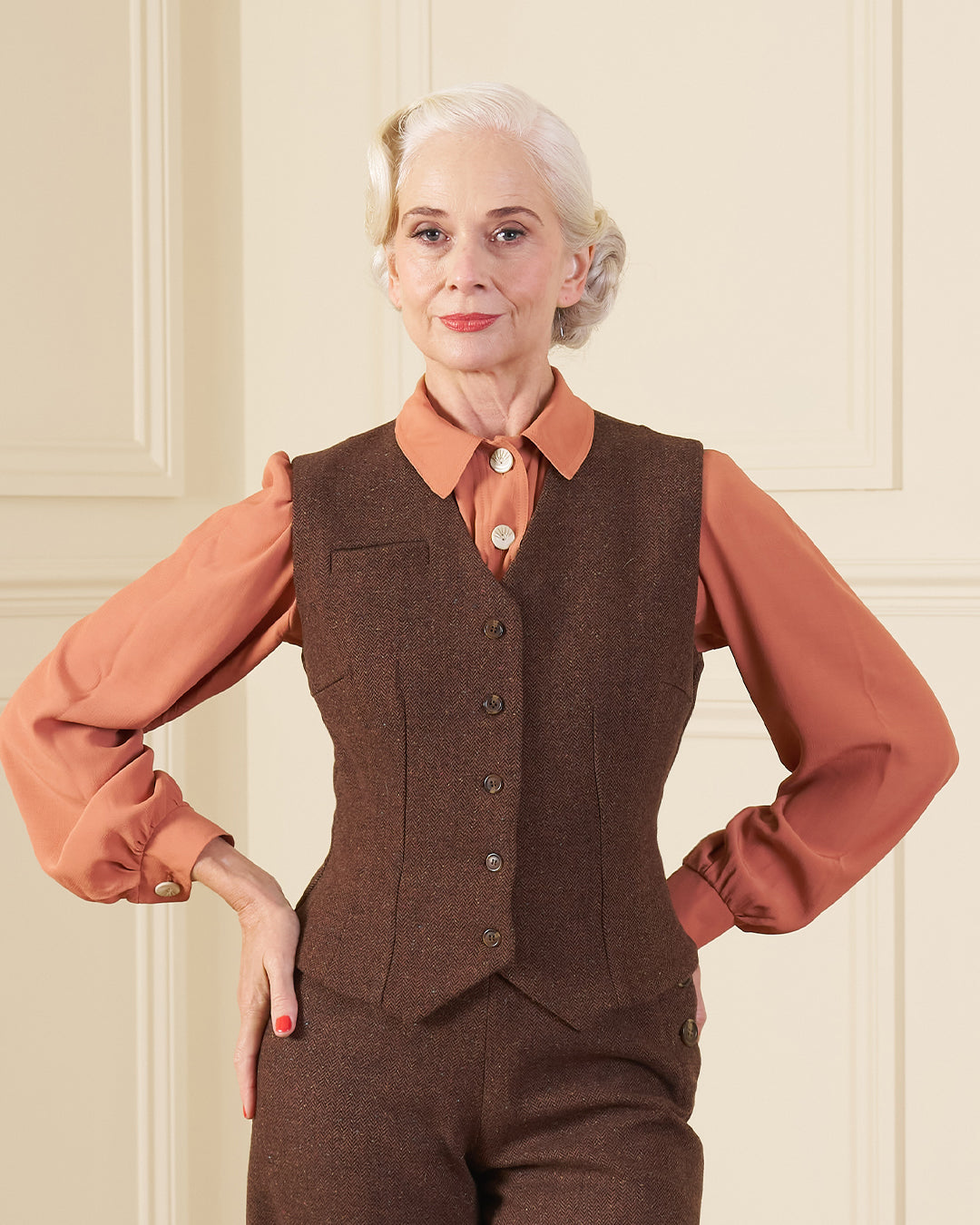 Margot Fitted Waistcoat - Mahogany Herringbone