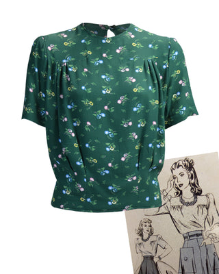 1940s Meet Again Blouse in Forest Petunia