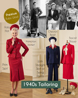 A vintage-style catalog collage titled '1940s Tailoring' showing women's tailored outfits from the 1940s. The layout includes a woman in a red jacket and skirt with a red hat, mannequins in navy and red suits, black-and-white photos of women in 1940s fashion, and text labels naming components such as halter hat, chevron beret, bacall blazer, prim skirt, and Hampton jacket.
