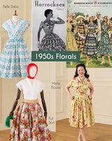 A collage of vintage 1950s floral fashion imagery and garment examples, including a blue floral dress on a mannequin, a black-and-white Horrockses fashion poster, a larger vintage Horrockses floral illustration, a white blouse with a pink floral full skirt on a mannequin, and a woman wearing a yellow floral dress.