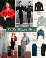 A collage titled '1950s Wiggle Style' showing multiple vintage fashion photos and labeled outfit pieces, including a red jacket, black skirt suit, light gray blouse and skirt, teal cropped jacket, and pencil skirt. Because this is a composite editorial-style layout rather than a single clean product shot, the best fit is Other rather than Product/Packaging.