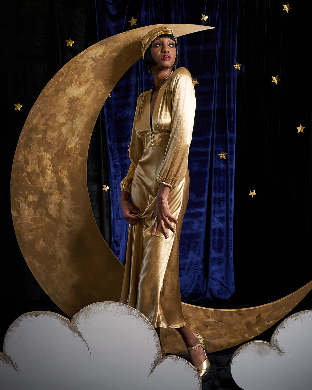 1930s / 70s Petra Bias Cut Midi Dress - Gold Satin