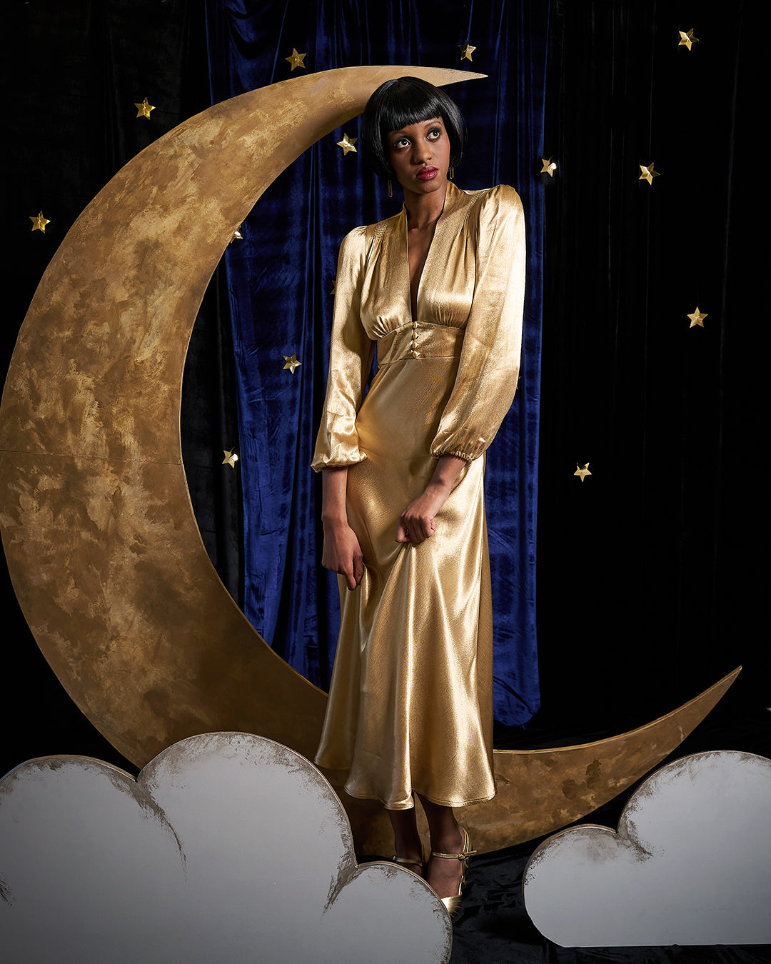 1930s / 70s Petra Bias Cut Midi Dress - Gold Satin