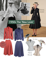 A vintage-style fashion collage titled '1950s The New Look' showing a woman in a black skirted jacket and hat, plus smaller product cutouts of matching garments in coral, navy, white, and beige. Text labels include 'Rena Jacket,' 'Premium Circle Skirt,' 'Tilt Hat,' and 'Merle Blouse.