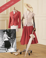 A fashion collage showing a Dior-inspired outfit on a mannequin in an indoor room. The main styled look includes a cream lace corset top, a deep red skirt, a wide-brim cream hat, and a cream umbrella.