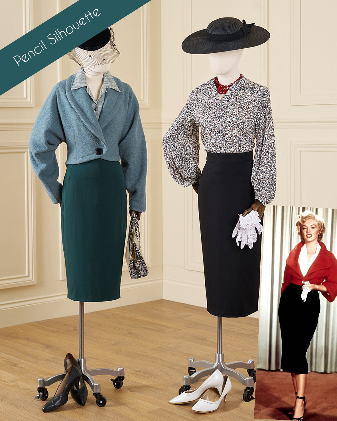 Two mannequins display pencil silhouette fashion outfits in an indoor room setting. The left mannequin wears a light blue cardigan and teal pencil skirt with black heels.