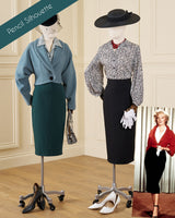 Two mannequins display pencil silhouette fashion outfits in an indoor room setting. The left mannequin wears a light blue cardigan and teal pencil skirt with black heels.