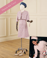 A mannequin displays a pink and white tweed 1960s-style outfit with a matching blue headscarf, standing on a dress form. A small inset photo in the lower right shows a woman wearing the outfit, and a pink banner in the upper left reads 'Premium 60s "Coco"'.
