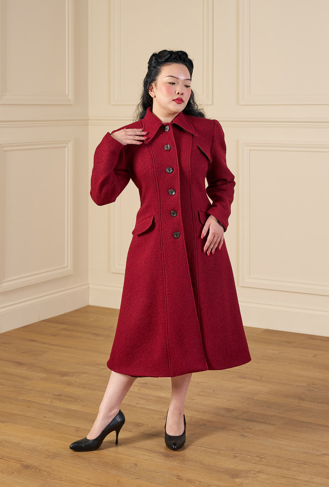 1930s/40s Princess Line Coat in Cranberry Red Wool