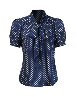 Retro Pussy Bow Blouse - Navy Polka