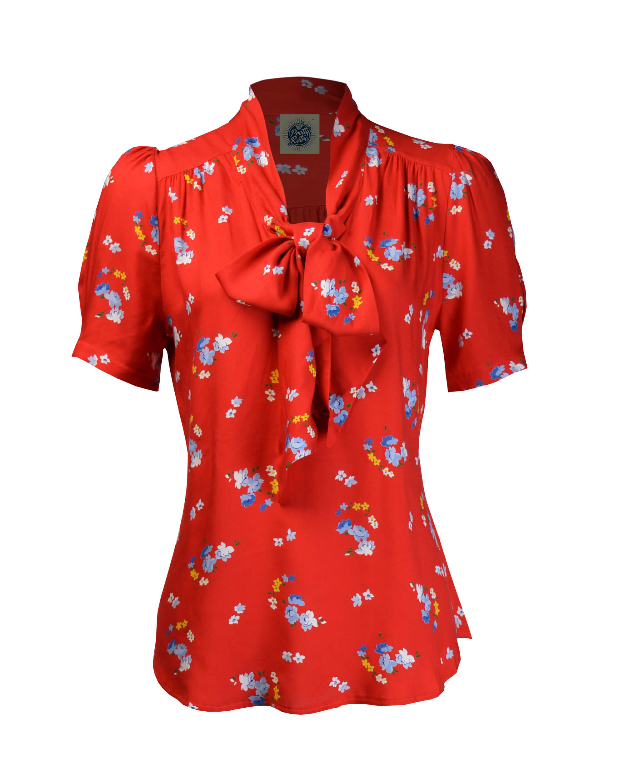Retro Pussy Bow Blouse - Red Floral