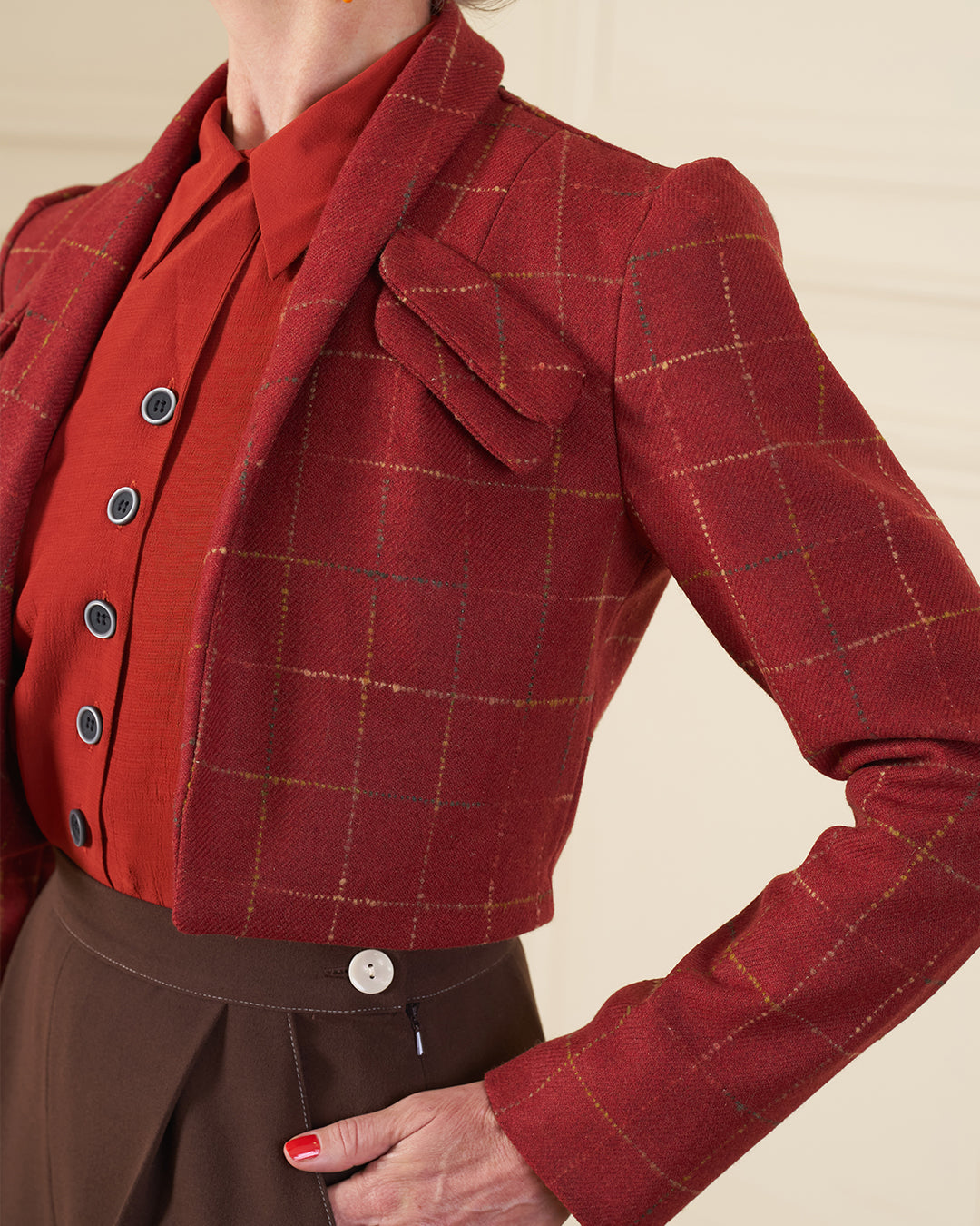 1940s Pocket Detail Crop Jacket - Red Wool