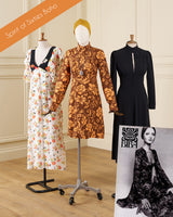 Three vintage-style dresses displayed on mannequins in an indoor studio setting: a white floral nightgown, a brown and gold floral long-sleeve dress with a mustard headwrap, and a black long-sleeve dress. A black-and-white fashion photo card is placed in the lower right, and an orange banner reads 'Spirit of Sixties Boho.