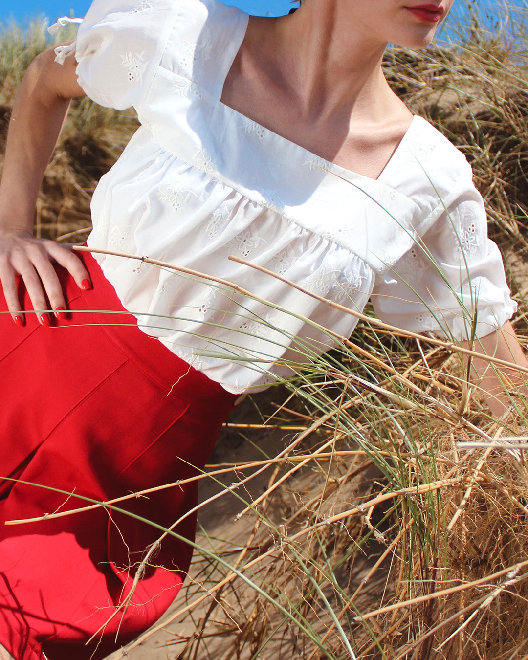 40s Square Neck Smock Blouse - Ivory Motif