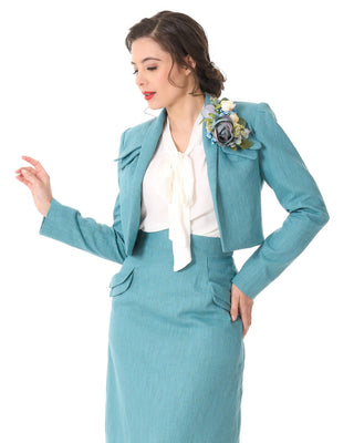 40s Crop Jacket Skirt Suit - Light teal linen