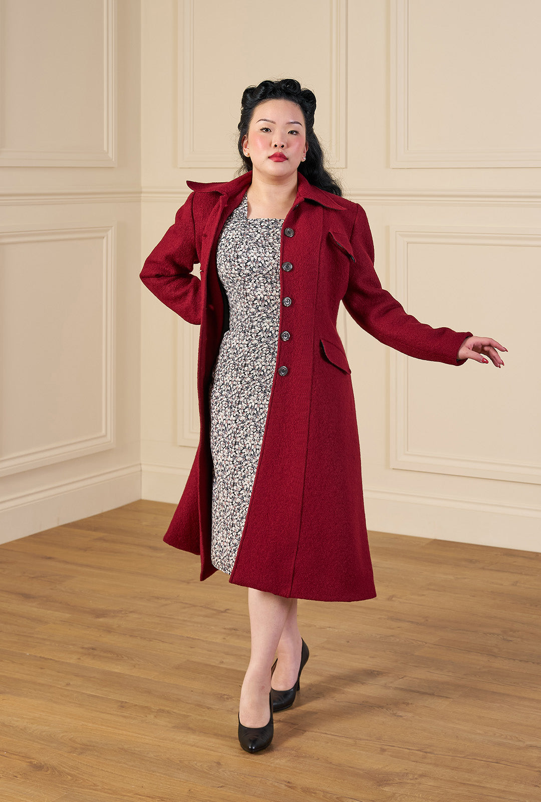 1930s/40s Princess Line Coat in Cranberry Red Wool