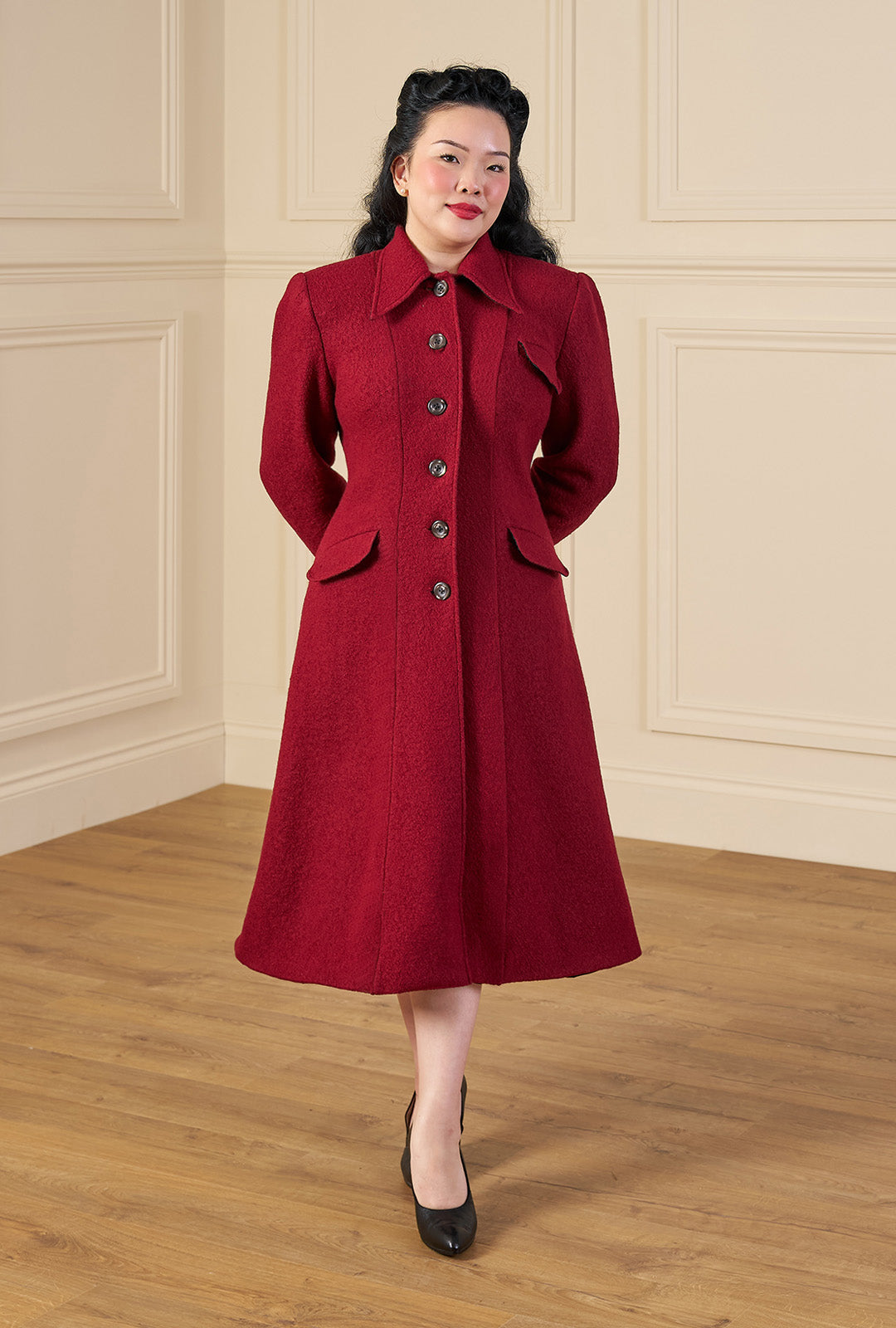 1930s/40s Princess Line Coat in Cranberry Red Wool
