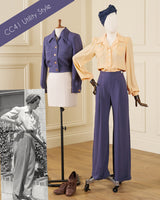 A vintage-style clothing display showing two mannequins in coordinated outfits: one in a purple cropped jacket with a cream skirt, and one in a pale yellow blouse with matching purple wide-leg pants and a dark blue headwrap. A small black-and-white inset photo shows a woman wearing the outfit.