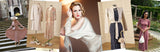 Collage of vintage clothing and accessories with a woman in a white dress.