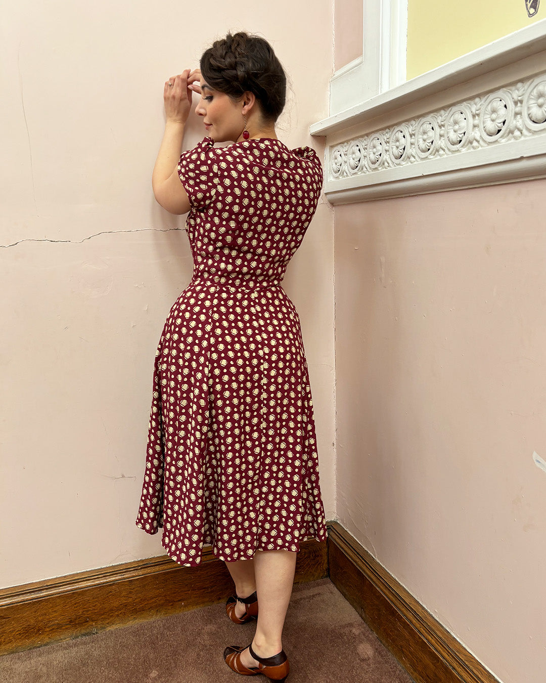 1930s 'Ava' Tea Dress - Wine Deco Dot