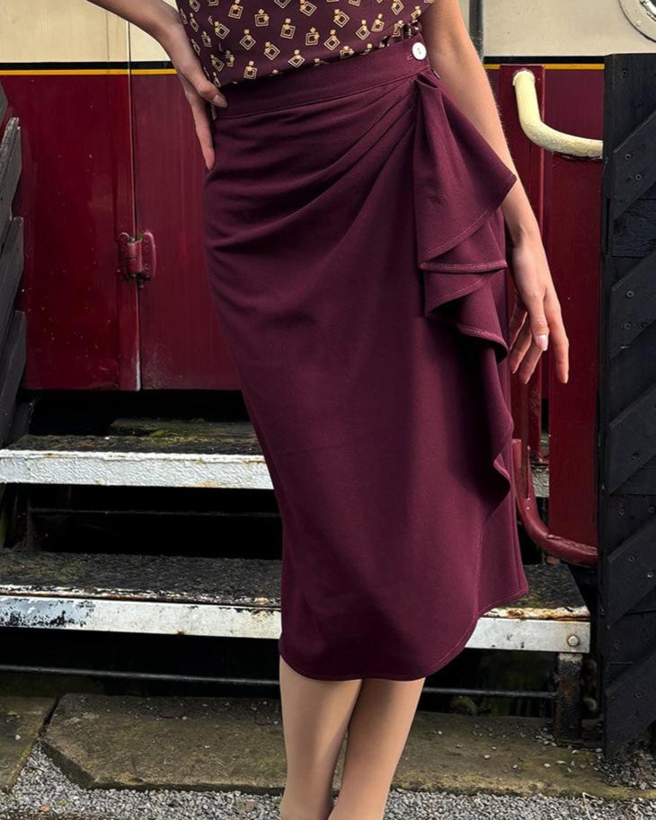 1940s Waterfall Skirt in Aubergine